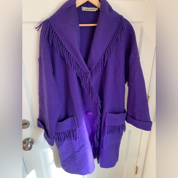 Vintage 80s 90s Gallery 100% Wool Purple Oversized Fringe Blanket Coat M - Picture 3 of 14